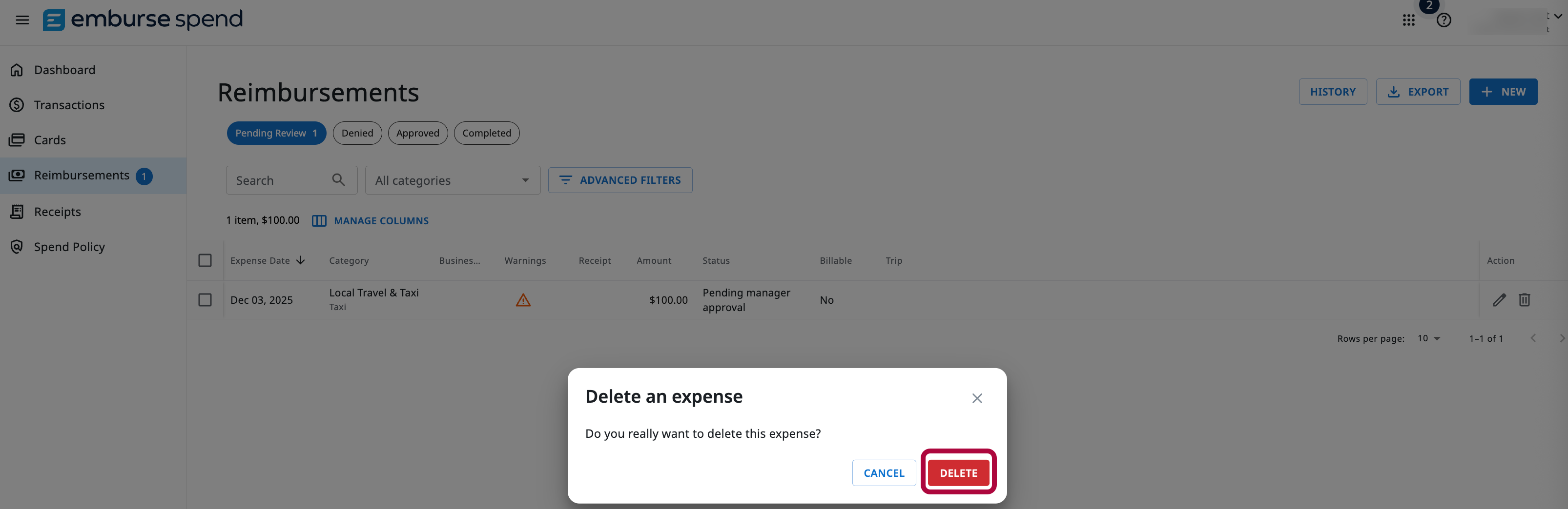 Reimbursements dashboard showing a Pending Review expense and a confirmation dialog asking ‘Do you really want to delete this expense?’ with Cancel and Delete buttons.