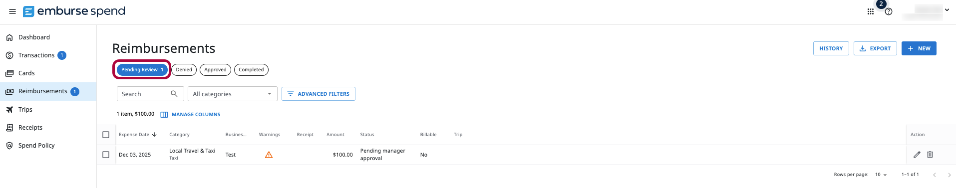 Reimbursements page with the Pending Review tab highlighted.