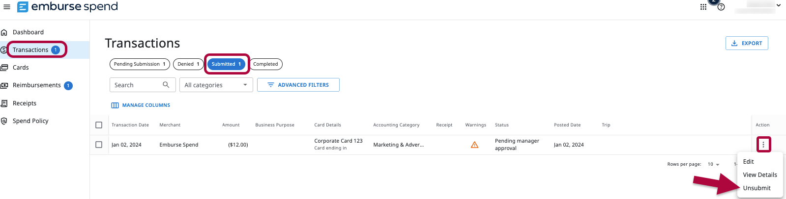 Submitted corporate card expenses screen showing More Actions and Unsubmit options