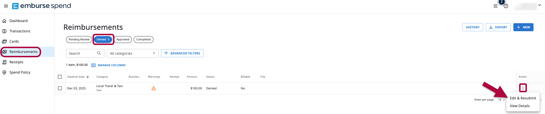 Denied expenses list in Reimbursements with Edit and Resubmit option selected