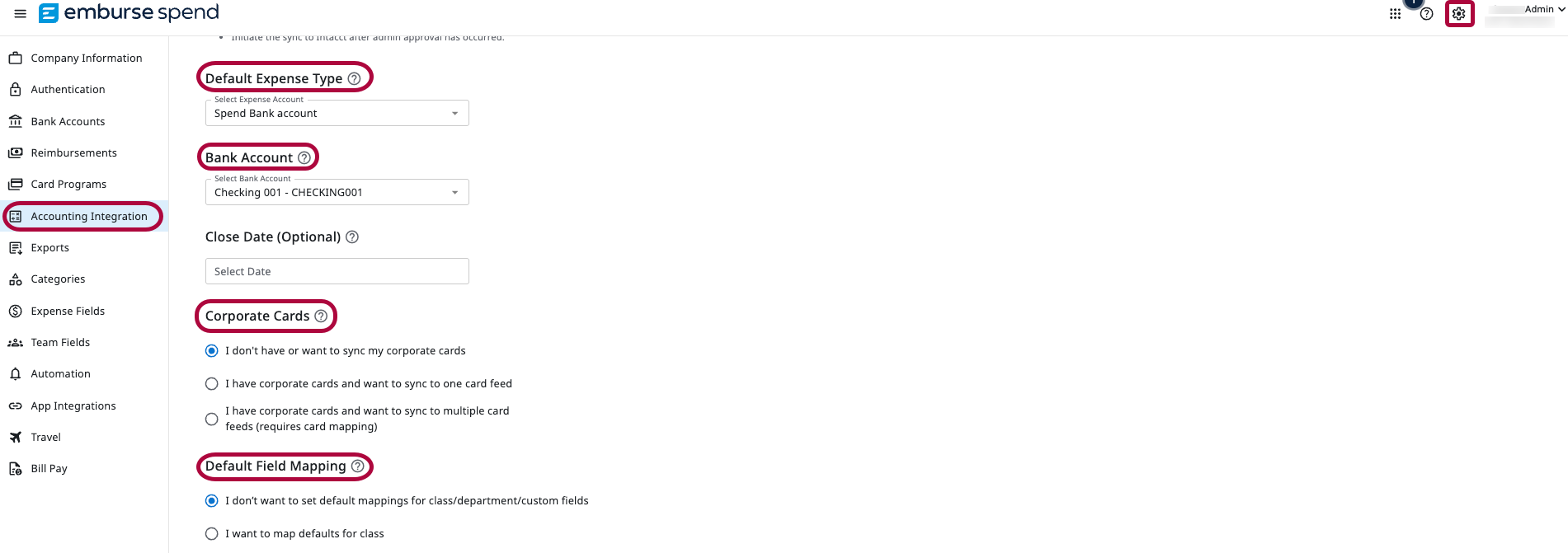 Accounting Integration page in Emburse Spend showing default expense account, bank account, corporate cards, and default field mapping options.
