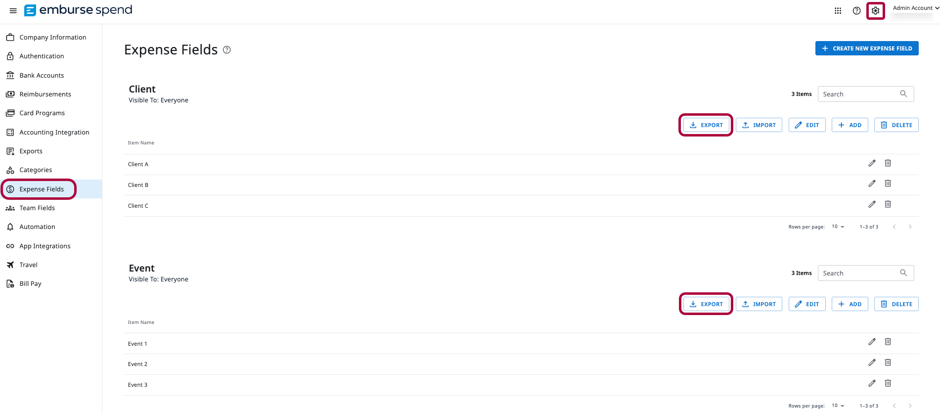 Expense Fields page in Emburse Spend with Export buttons for each Expense Field.