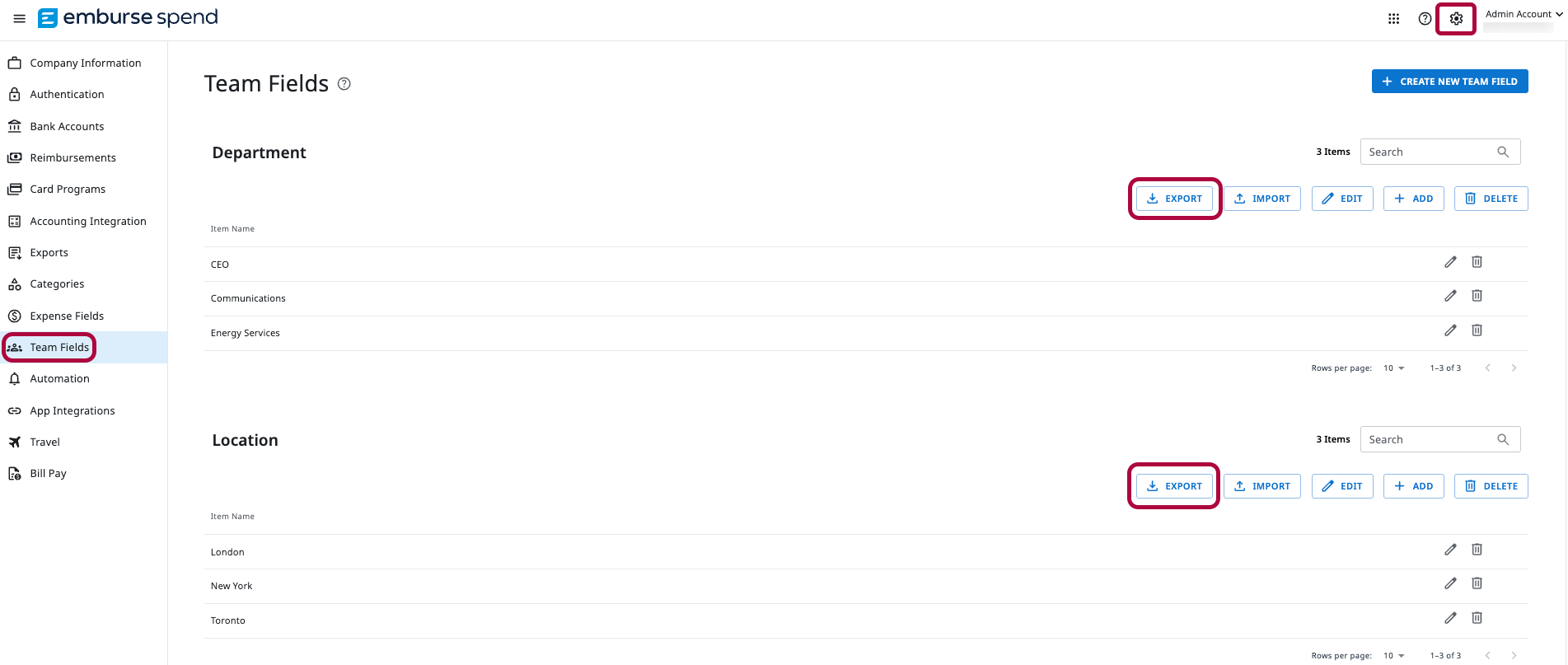 Team Fields page in Emburse Spend showing list of fields with Export option.