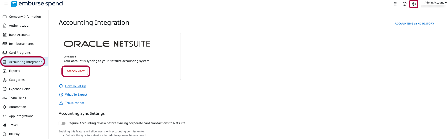 People page and Accounting Integration page in Emburse Spend showing Export and Disconnect actions.