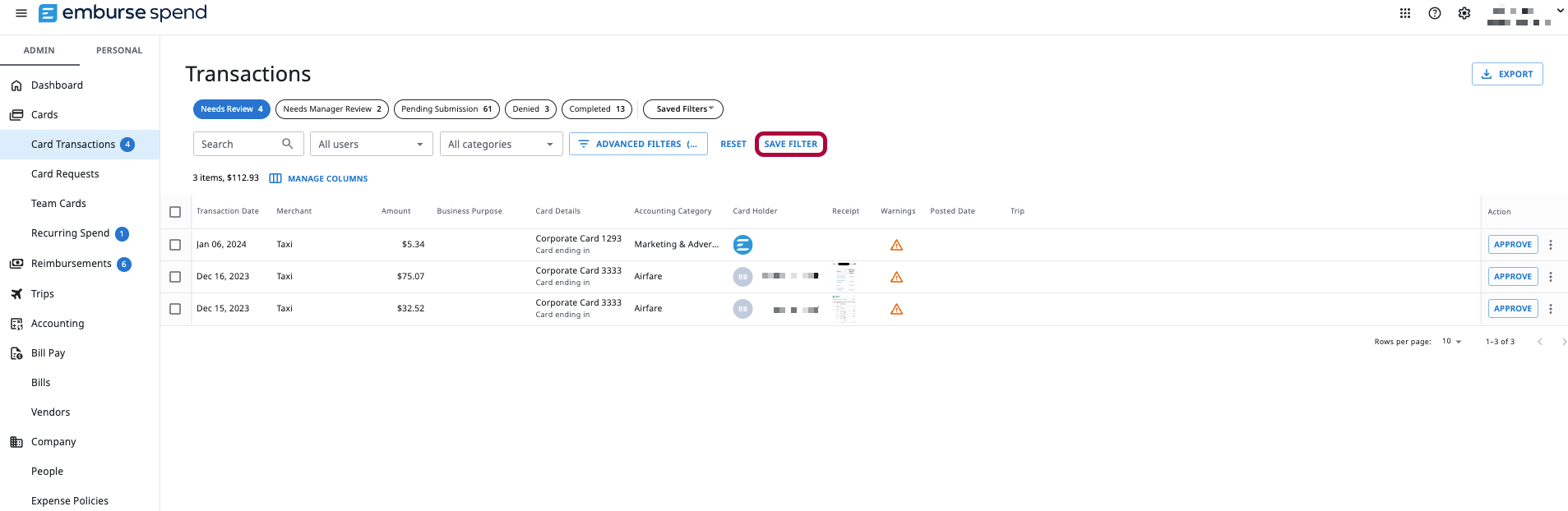 Transactions screen in Emburse Spend showing filtered card transactions and the Save Filter button highlighted above the results table.