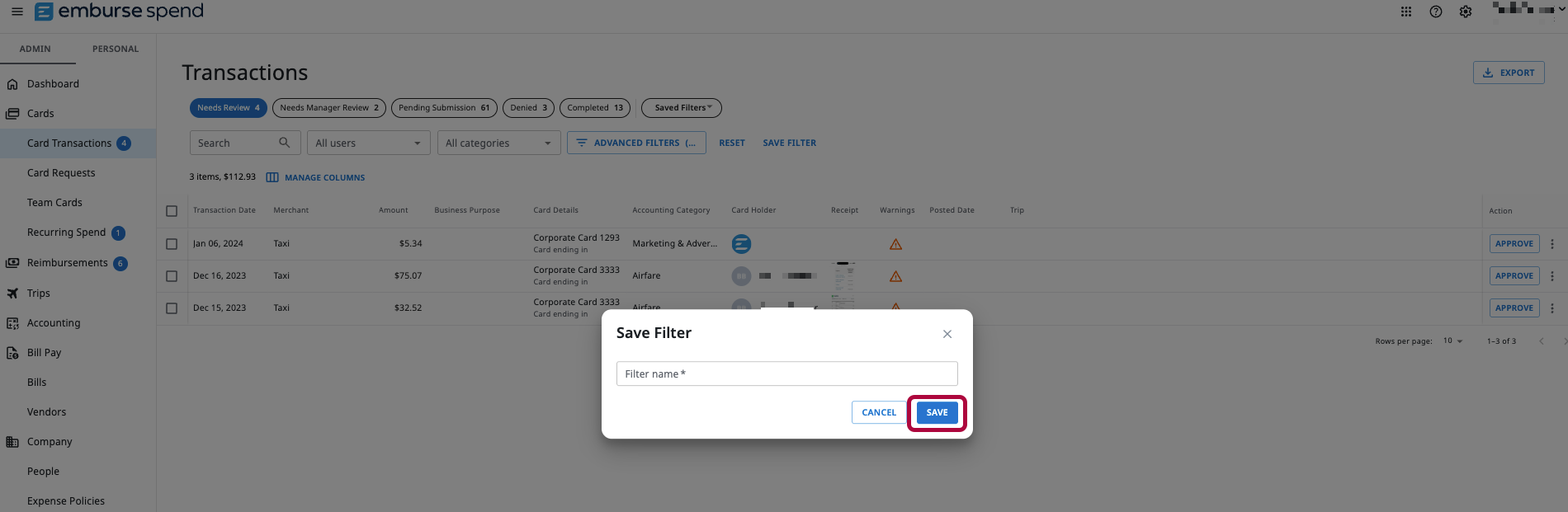 Save Filter pop-up with a field to enter the filter name and the Save button highlighted.