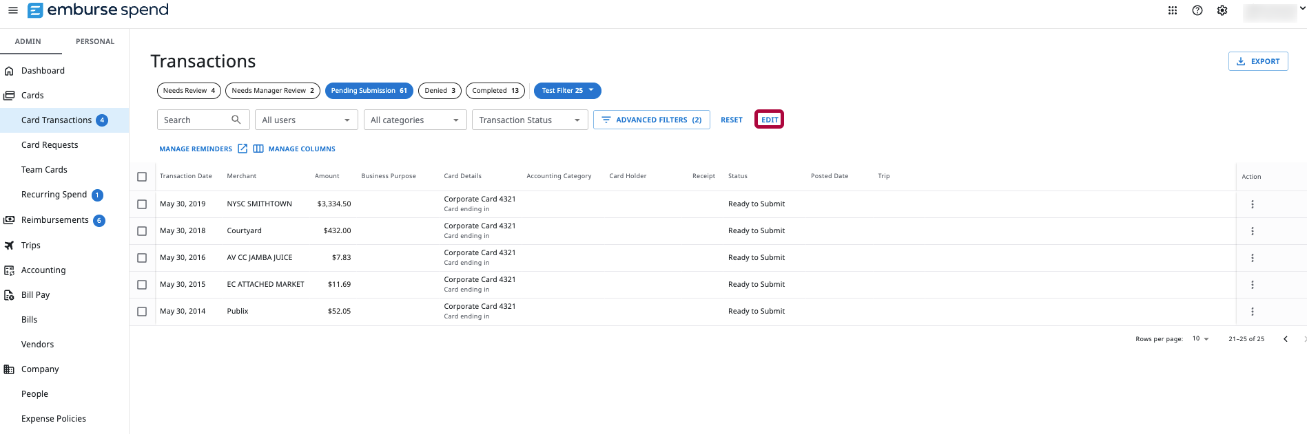 Saved Filters menu showing the Edit option for an existing saved filter.