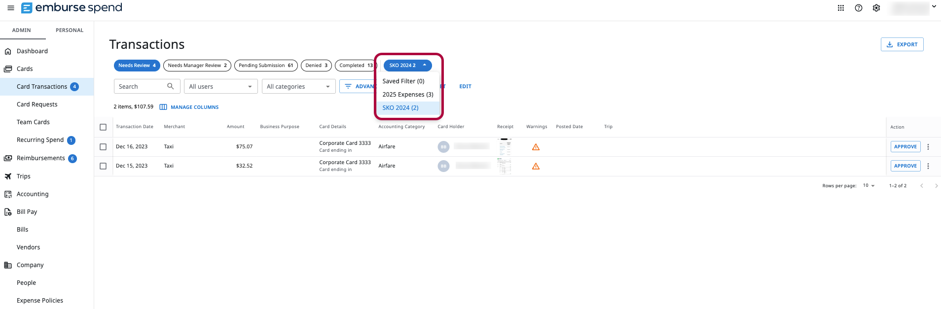 Saved Filters dropdown expanded on the Transactions screen, showing available saved filters