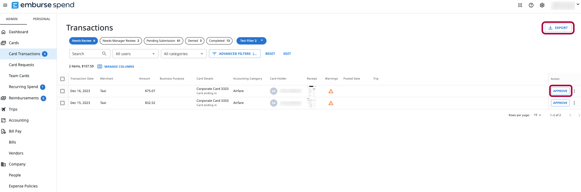 Saved Filters dropdown open on the Reimbursements screen with the Export and Approve buttons highlighted.