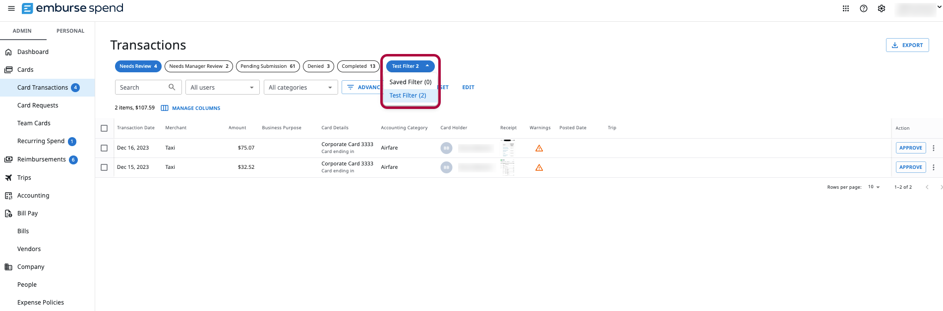 Saved Filters dropdown open on the Transactions screen with a selected saved filter highlighted.