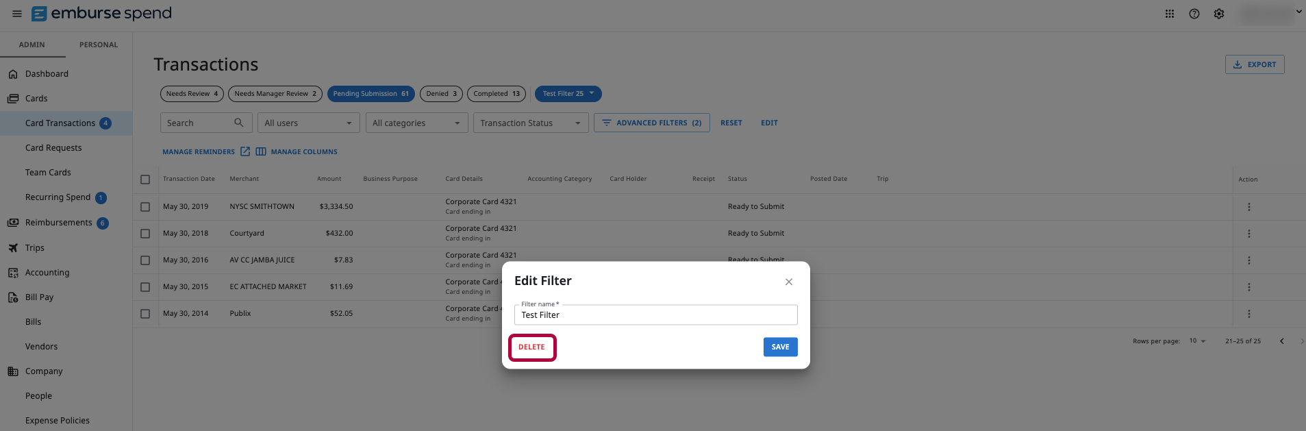 Edit Filter pop-up with Delete button highlighted.