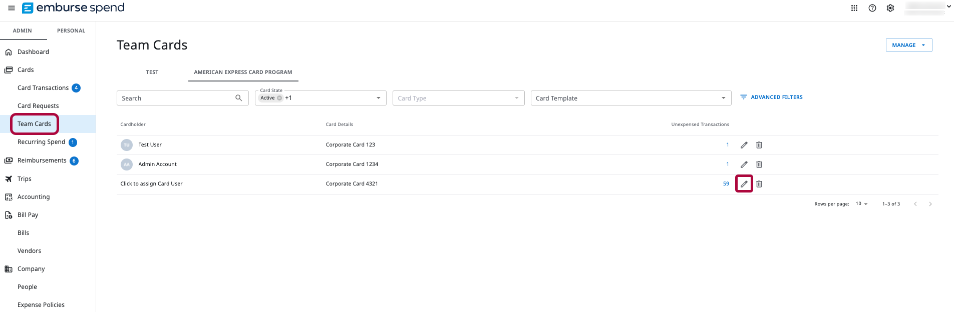Team Cards page in Emburse Spend with list of cards and pencil icon for editing a selected card.