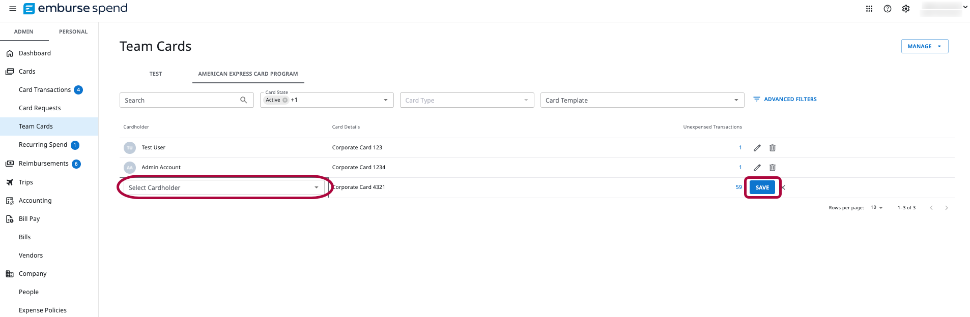 Team Cards page showing Assign Cardholder field populated with a selected user and Save button highlighted.