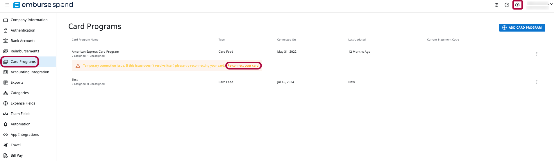 Card Programs page in Emburse Spend highlighting Re-connect your card link for an American Express program.