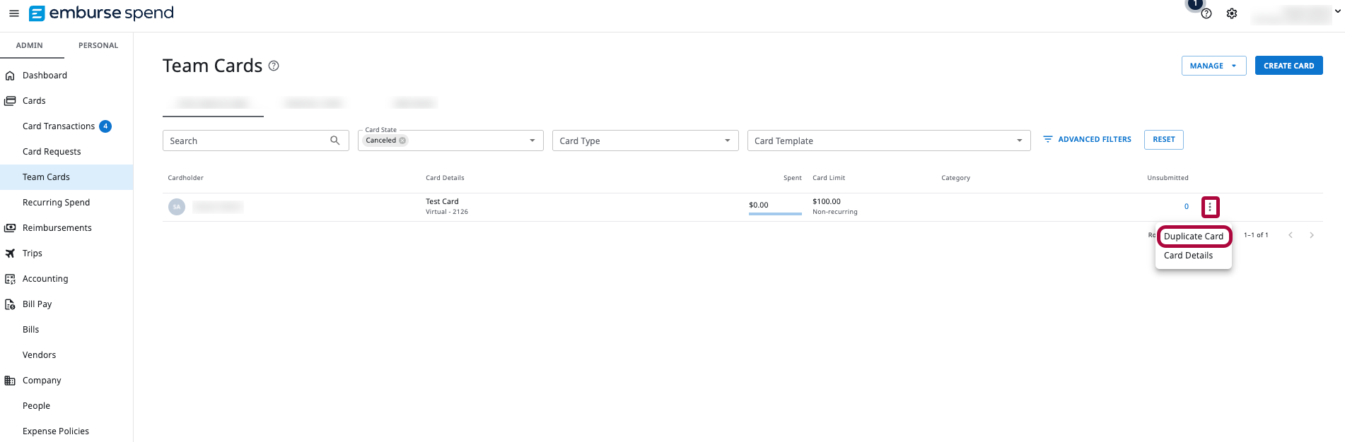Team Cards page showing Card Status filter and Duplicate Card under More Actions