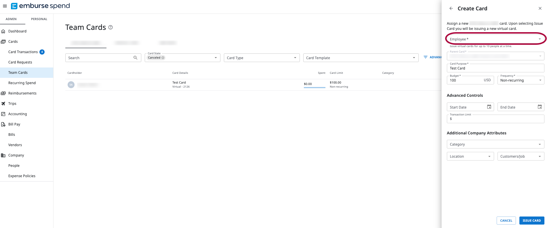 Emburse Spend Admin view showing the Team Cards page with the Create Card panel open, highlighting the required Employee field when issuing a replacement virtual card.