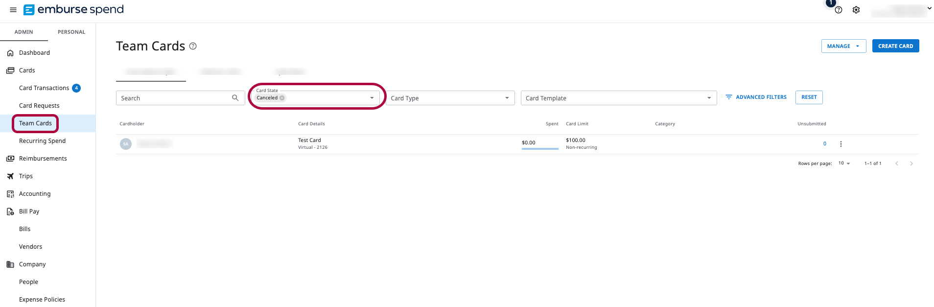 Emburse Spend Admin view showing the Team Cards page with the Card State filter set to Canceled, highlighting how to view canceled cards in the card list.