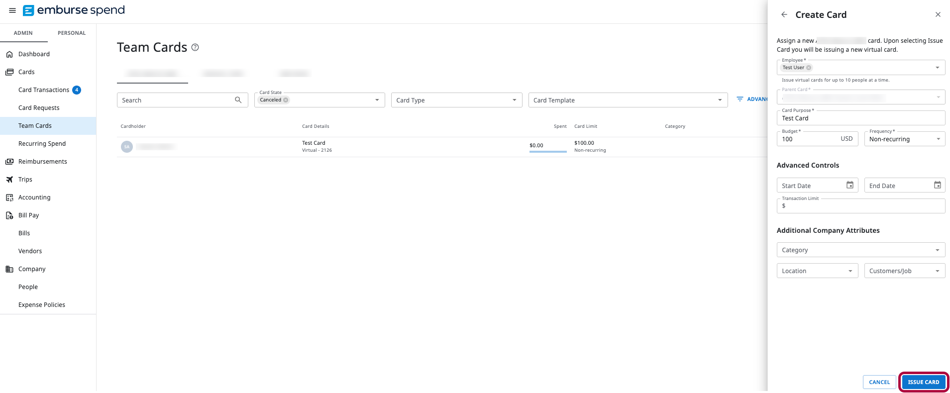 Issue Card workflow showing Employee selection and Issue Card button for creating a replacement card