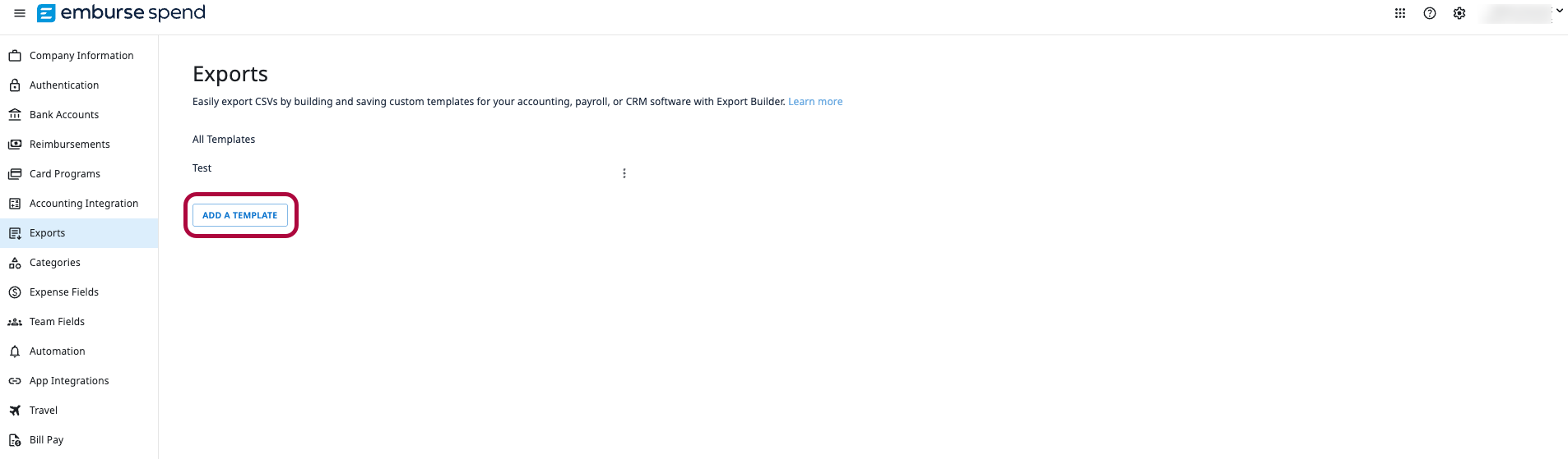 Emburse Spend admin dashboard showing the Exports page, with the Exports menu selected in the left navigation and an Add a template button highlighted in the main content area.