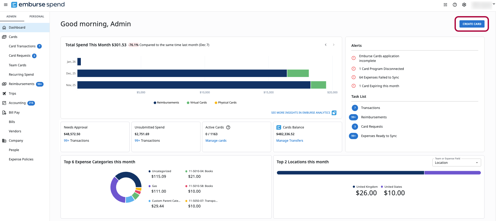 Emburse Spend dashboard screen showing the Create Card button.