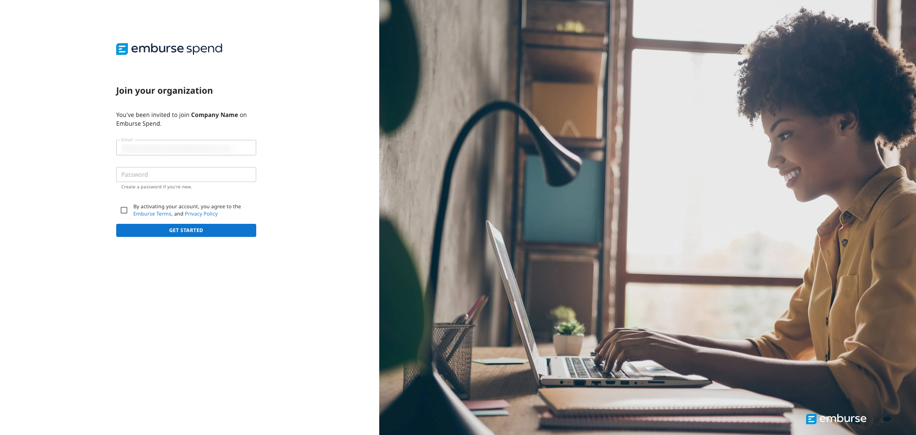 Create password page with Terms and Conditions checkbox and Get Started button