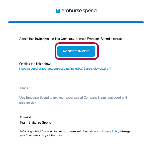 Emburse Spend invite email with Accept Invite link