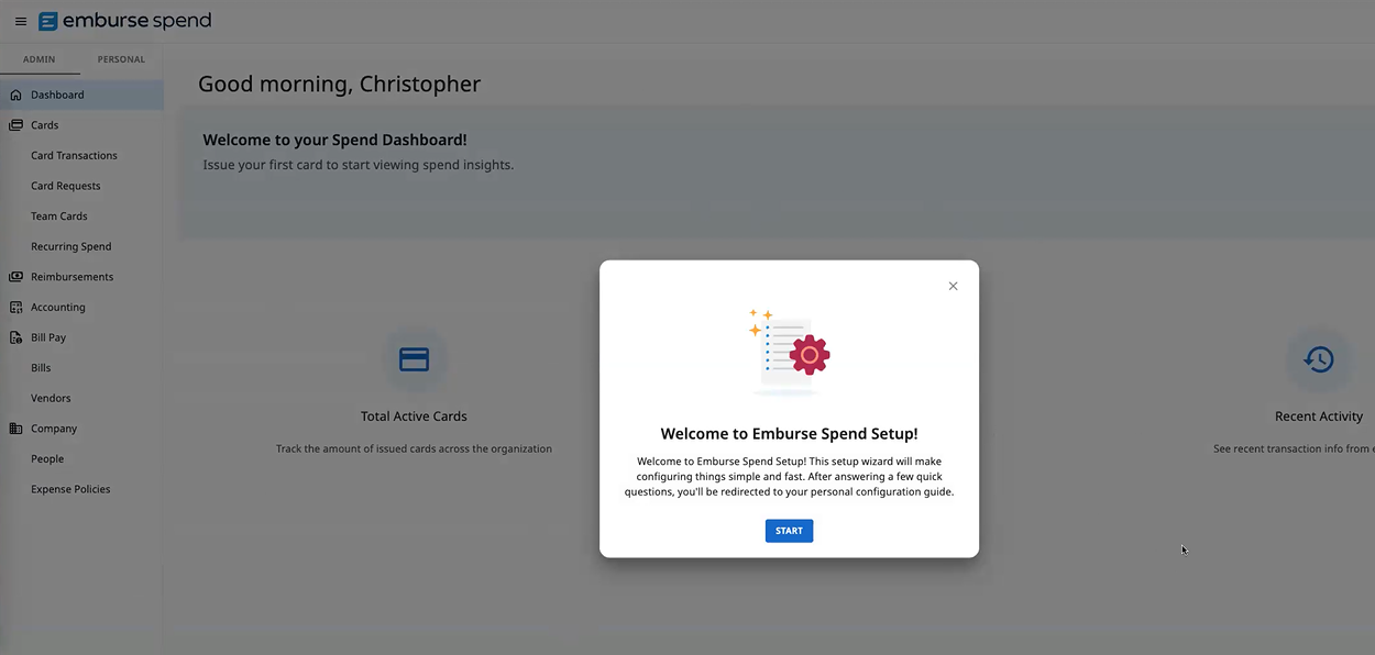 Welcome to Emburse Spend Setup dialog with Start button