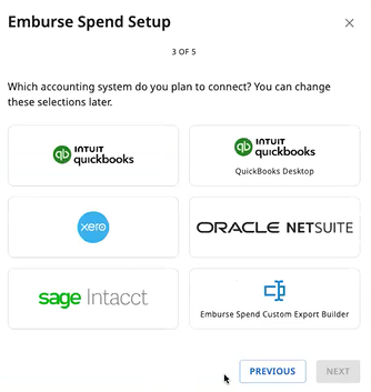 Accounting system selection screen for connecting an integration