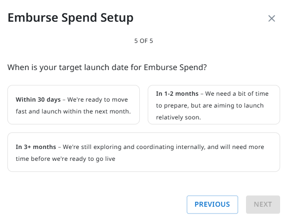 Implementation timeline options screen in setup wizard
