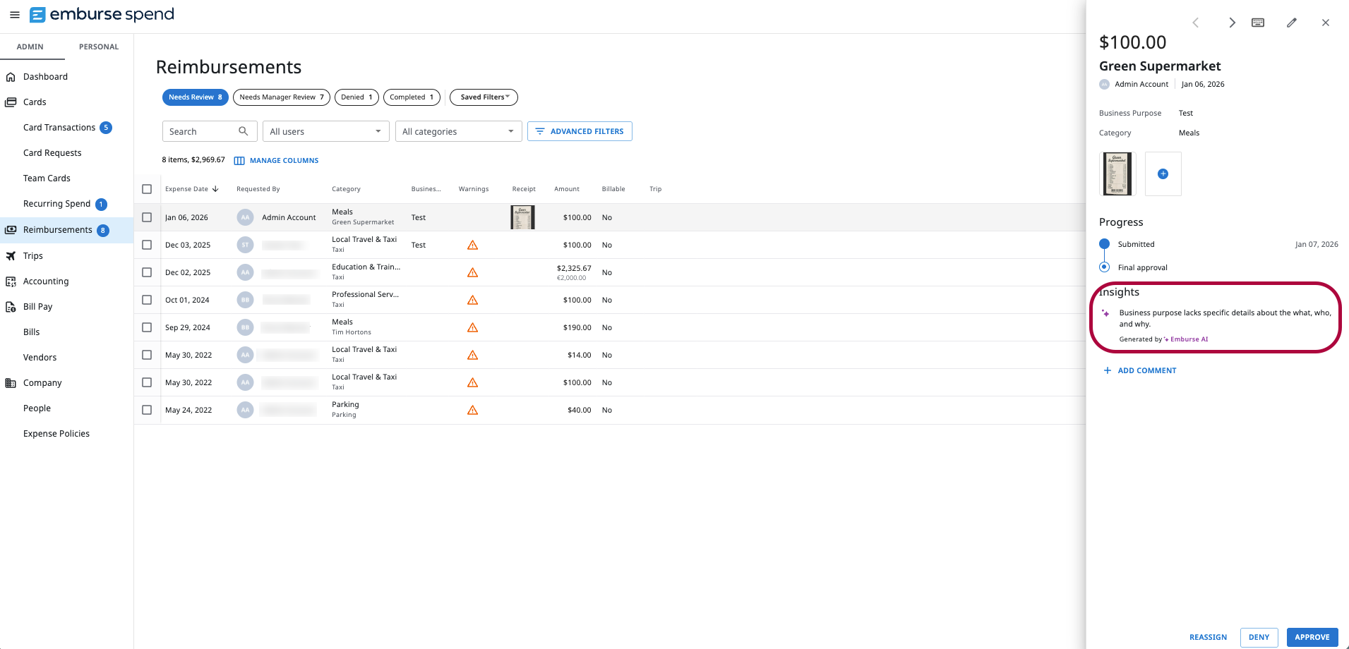 Reimbursements page in Emburse Spend showing an expense details panel with an AI insight calling out missing business purpose details.