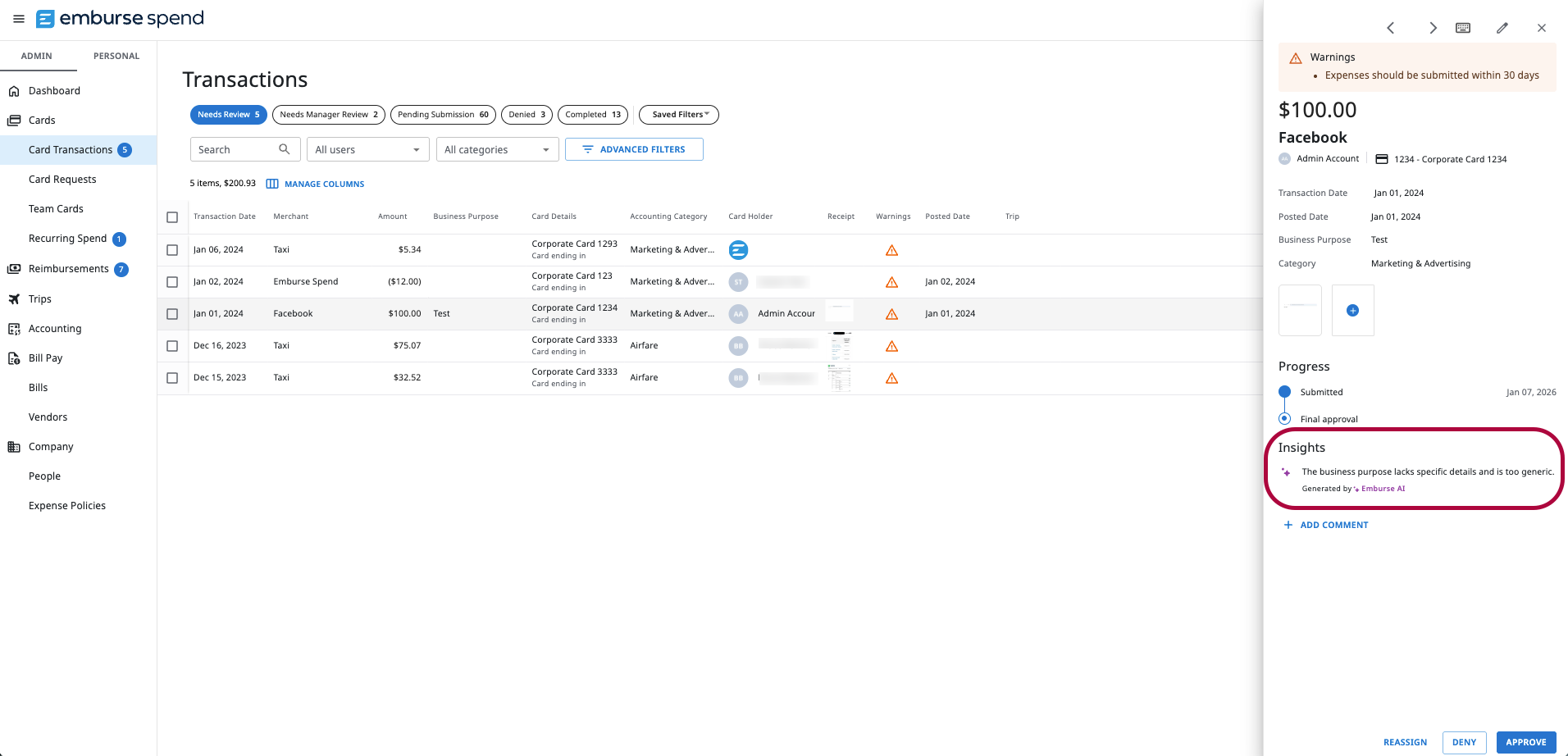 Transactions page in Emburse Spend showing an expense details panel with an AI insight calling out vague business purpose details.