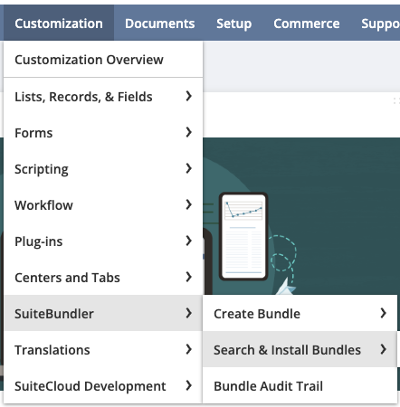 NetSuite Customization menu showing SuiteBundler then Search & Install Bundles