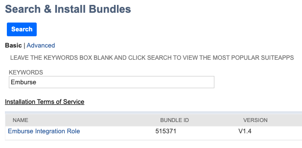 Search results showing Emburse Integration Role with bundle ID and version