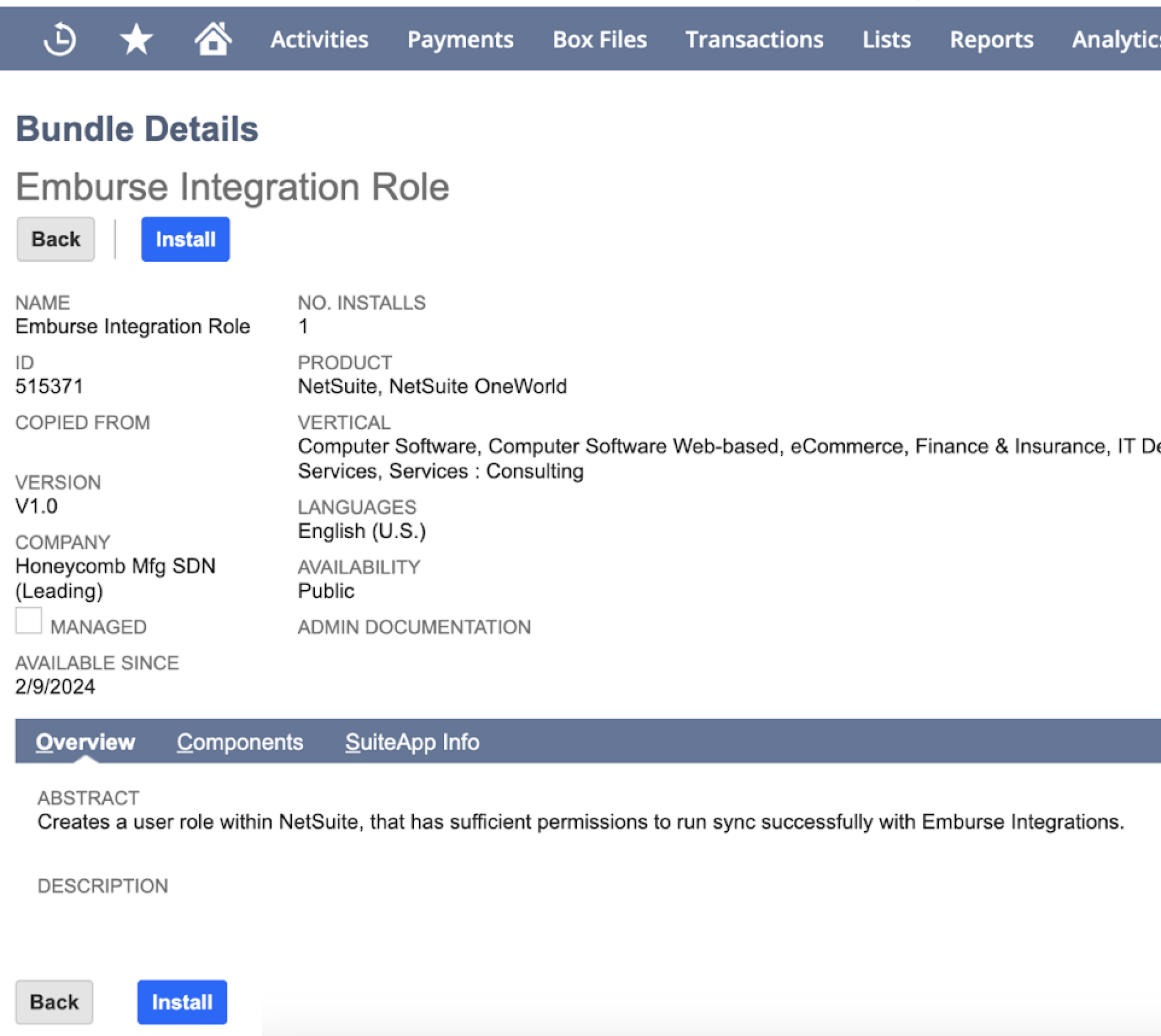 Bundle install page with Install button for Emburse Integration Role