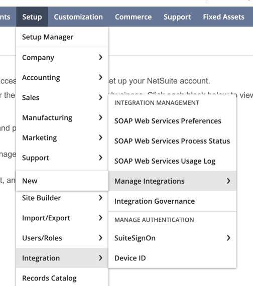 Integration Management menu in NetSuite with Manage Integrations selected