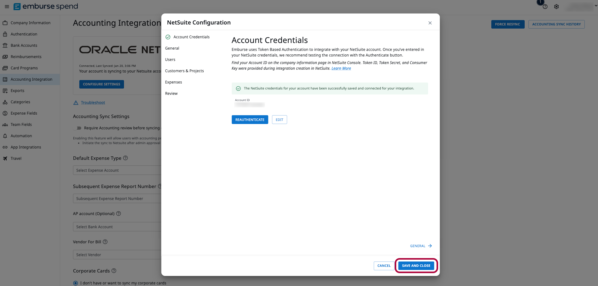 Emburse Spend NetSuite Configuration modal showing Authenticate and Save and Close buttons
