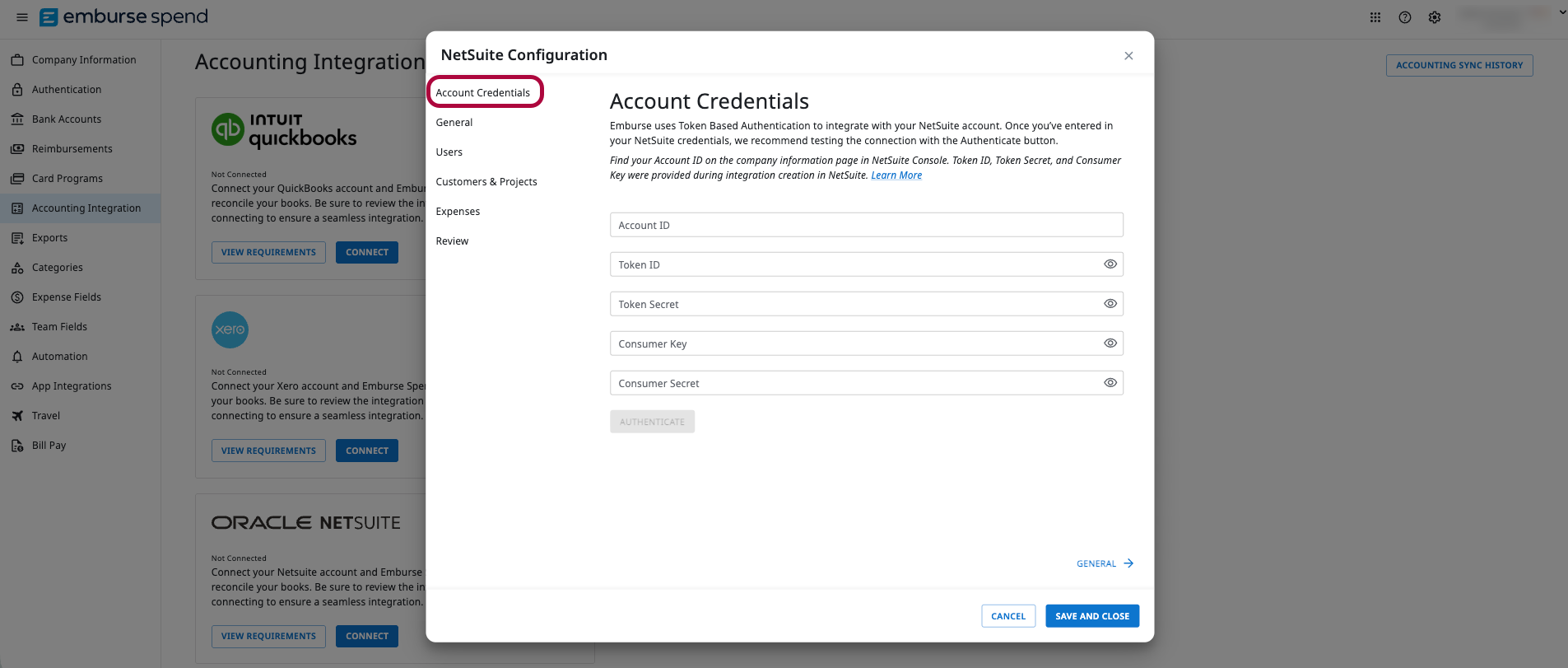 NetSuite Configuration modal in Emburse Spend with Account Credentials fields for Account ID, Consumer Key, Consumer Secret, Token ID, and Token Secret