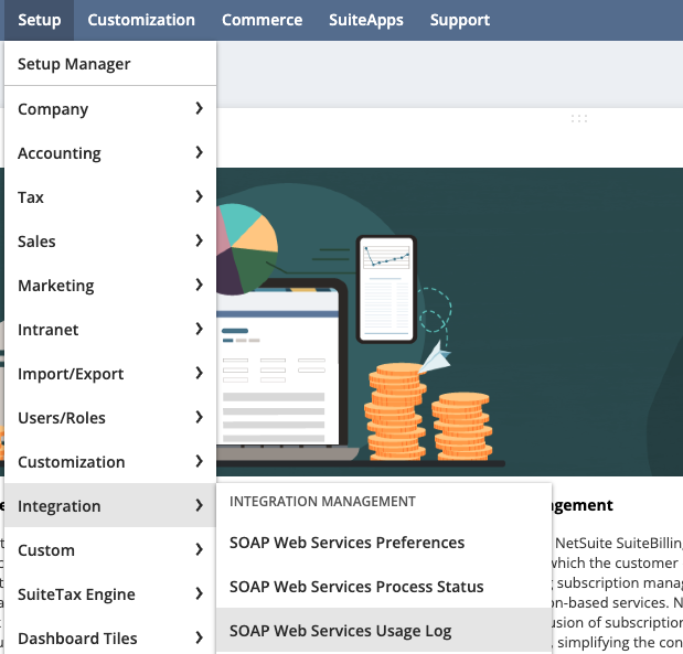 NetSuite SOAP Web Services Usage Log page showing a list of integration calls with columns for date, status, and operation. Several entries display a FAILURE status, with options to download the request and response files.