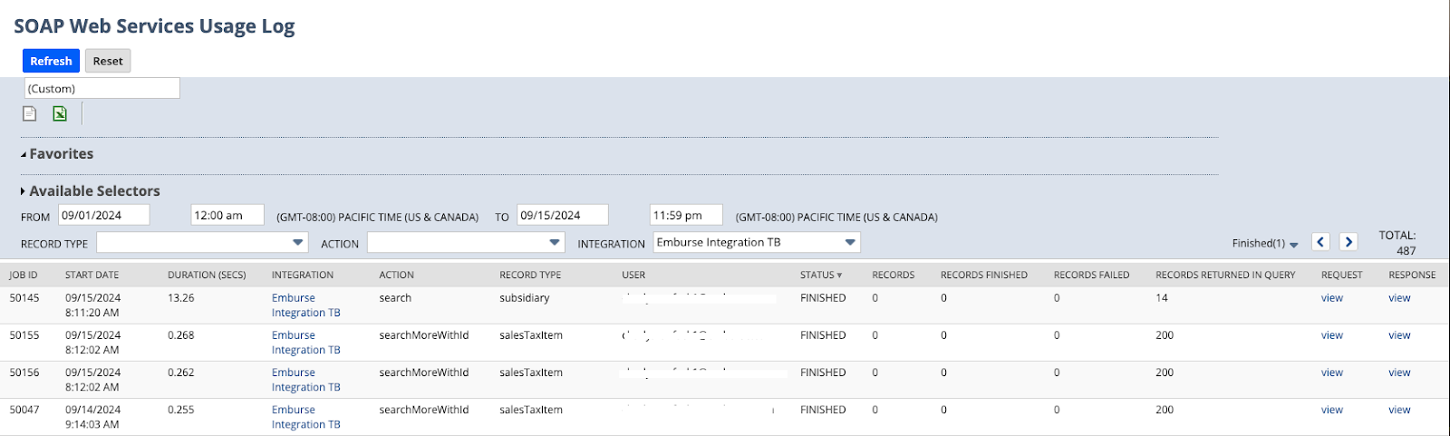 NetSuite SOAP Web Services Usage Log page showing date and time filters, Integration set to Emburse Integration TB, and a results table listing SOAP requests with columns for job ID, action, record type, status, and links to view the request and response.