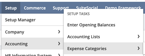 NetSuite Setup menu showing navigation path to Expense Categories under Setup, Accounting Lists.