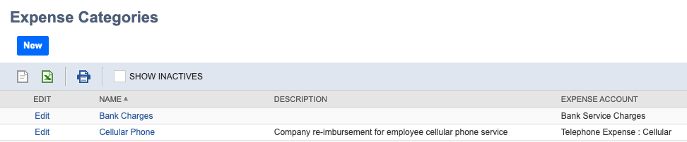NetSuite Expense Categories list page showing existing categories with columns for name, description, and expense account, including Bank Charges and Cellular Phone.