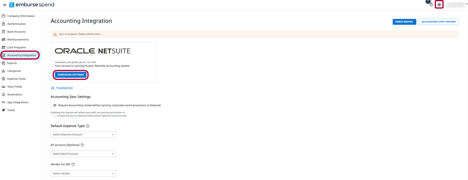 NetSuite connector configuration page in Emburse Spend showing the General Settings section.