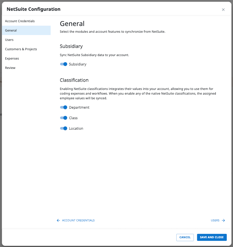 General NetSuite synchronization settings with options for subsidiaries, departments, classes, and locations.