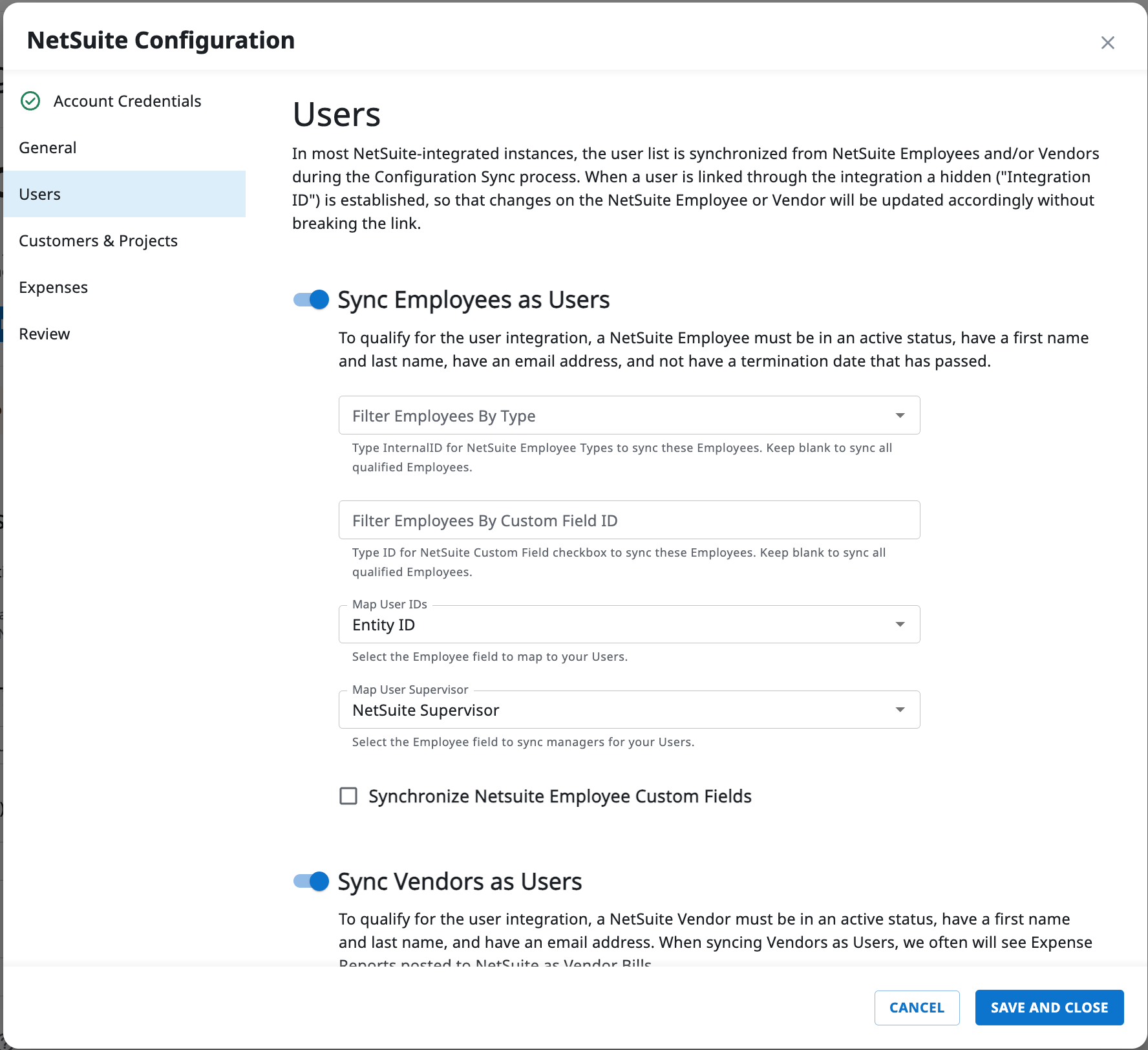 NetSuite user synchronization settings displaying employee and vendor import options.