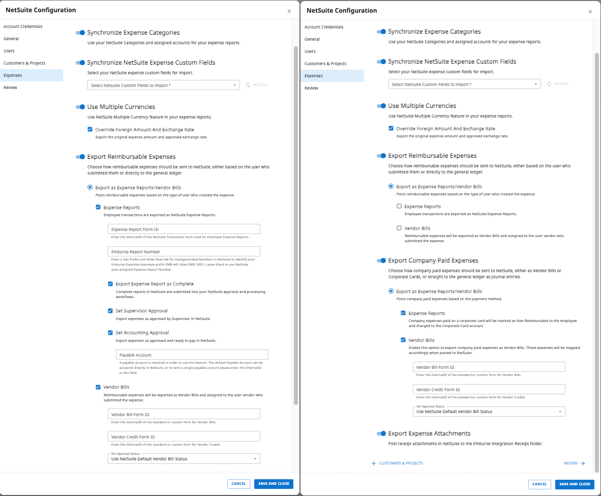 Expenses export settings showing configuration options for reimbursable and company-paid expenses.