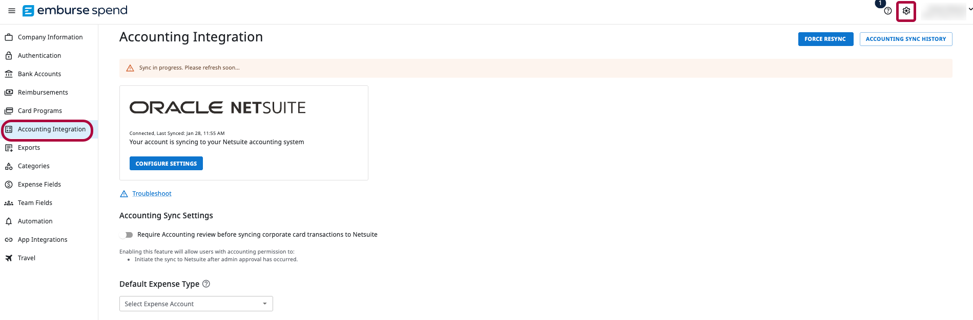 Screenshot of the Emburse Spend NetSuite Accounting Integration settings page, showing configuration options such as accounting sync settings and default expense type.