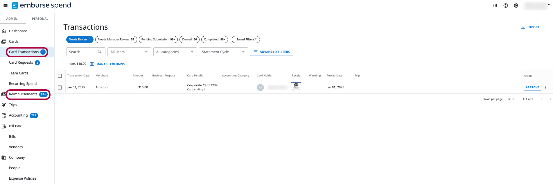 Emburse Spend Transactions page with the Card Transactions and Reimbursements navigation items highlighted, showing the Needs Review tab selected and a list of transactions with filters and an Export button.