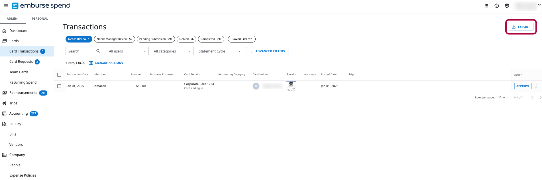 Emburse Spend Transactions page with the Export button highlighted in the top right.