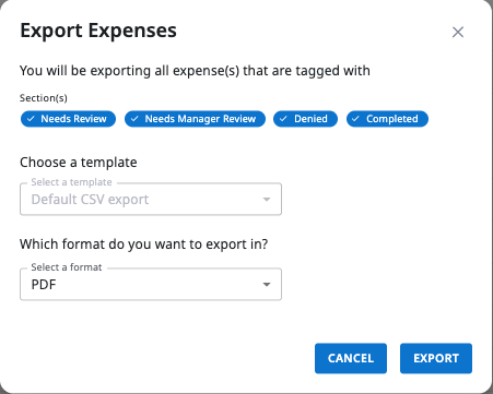 Export menu in Emburse Spend showing PDF selected as the export format.