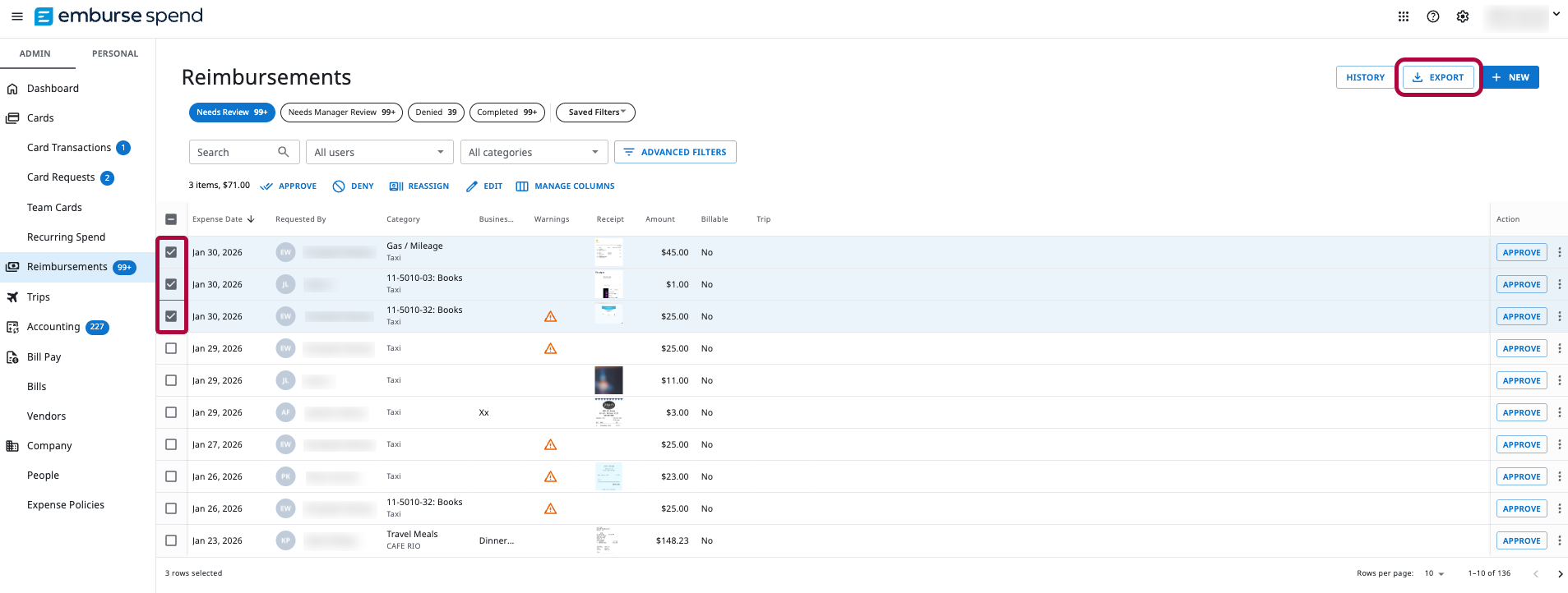 Export receipts screen in Emburse Spend showing expense rows with checkboxes selected and the Export button.